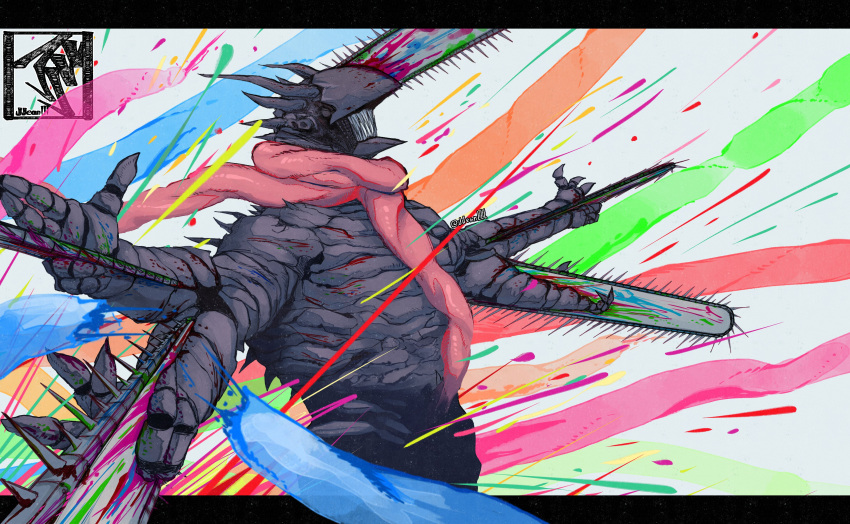 1boy, absurdres, blood, chainsaw, chainsaw_devil, chainsaw_man, commentary, extra_arms, highres, jjeanlll, letterboxed, making-of_available, male_focus, outside_border, red_scarf, scarf, sharp_teeth, signature, solo, teeth, upper_body