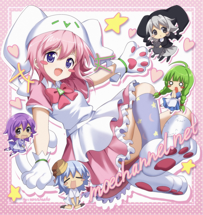 2000s_(style), 5girls, :d, ahoge, animal_hands, apron, artist_name, asymmetrical_legwear