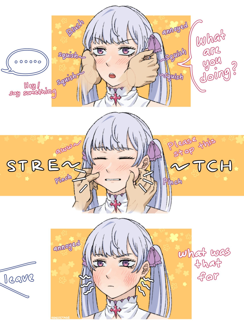 ..., 1girl, 1other, black_clover, cheek_pinching, cheek_pull, english_text, hair_ribbon, hands_on_another's_cheeks, hands_on_another's_face, highres, honexstage, long_hair, noelle_silva, pinching, purple_hair, purple_ribbon, ribbon, speech_bubble, violet_eyes