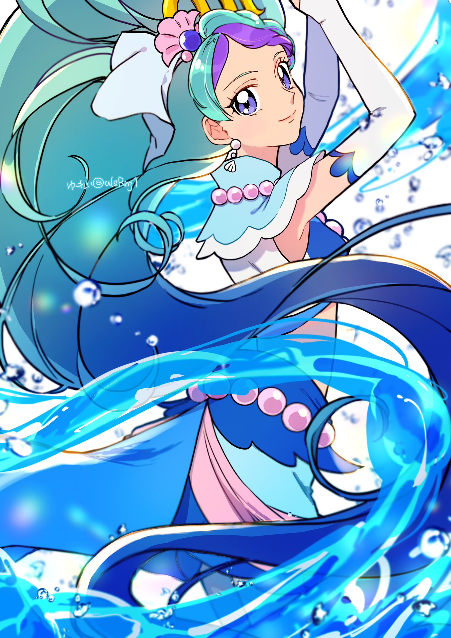 1girl, blue_eyes, blue_hair, blue_wrist_cuffs, bow, cure_mermaid, earrings, go!_princess_precure