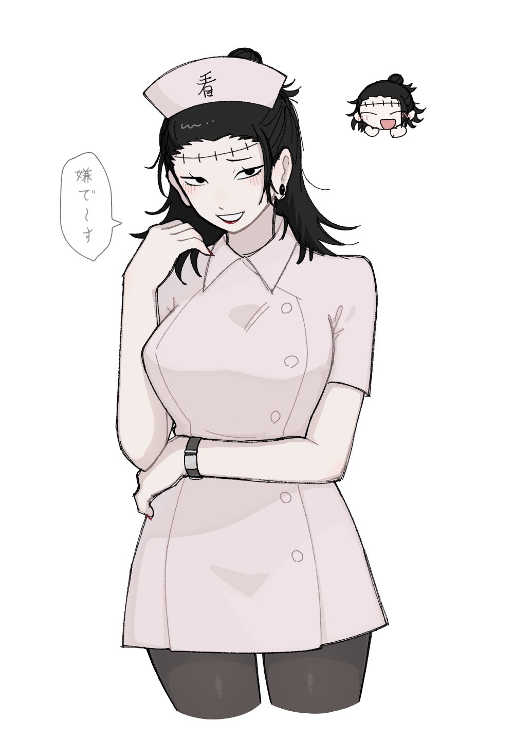 1girl, black_lips, black_pantyhose, breasts, charinkodesu, chibi, chibi_inset, commentary_request, cropped_legs, dress, earrings, genderswap, genderswap_(mtf), getou_suguru, getou_suguru_(kenjaku), hat, highres, jewelry, jujutsu_kaisen, large_breasts, nurse, nurse_cap, pantyhose, scar, scar_on_face, scar_on_forehead, short_dress, solo, translation_request, white_dress