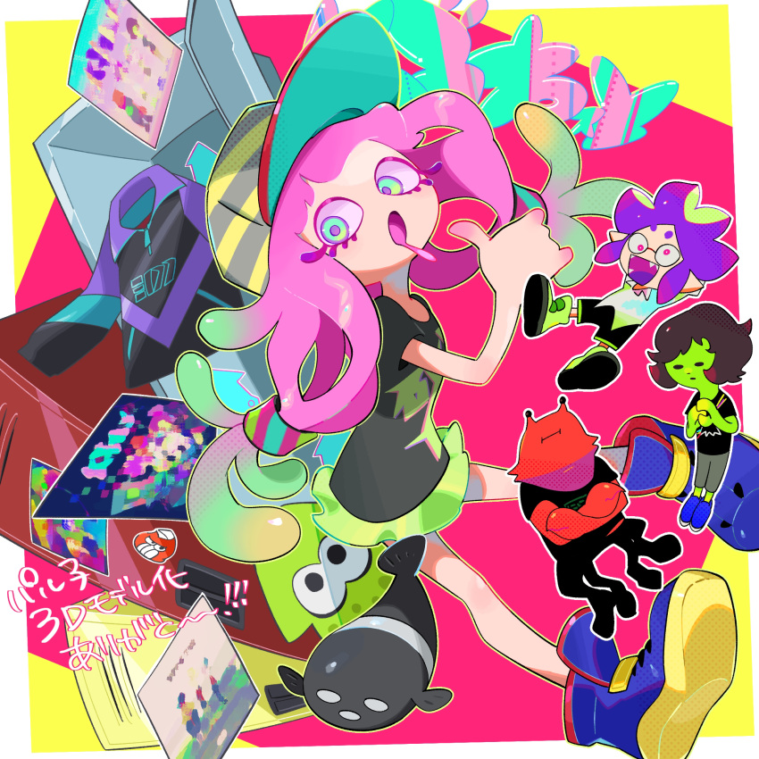 1girl, full_body, harmony's_clownfish_(splatoon), harmony_(splatoon), highres, inkling, inkling_(language), kanianoreki, locker, looking_at_viewer, noisy_(splatoon), poster_(object), raian_(splatoon), shikaku_(splatoon), splatoon_(series), splatoon_3, squid, tentacle_hair, thumbs_up
