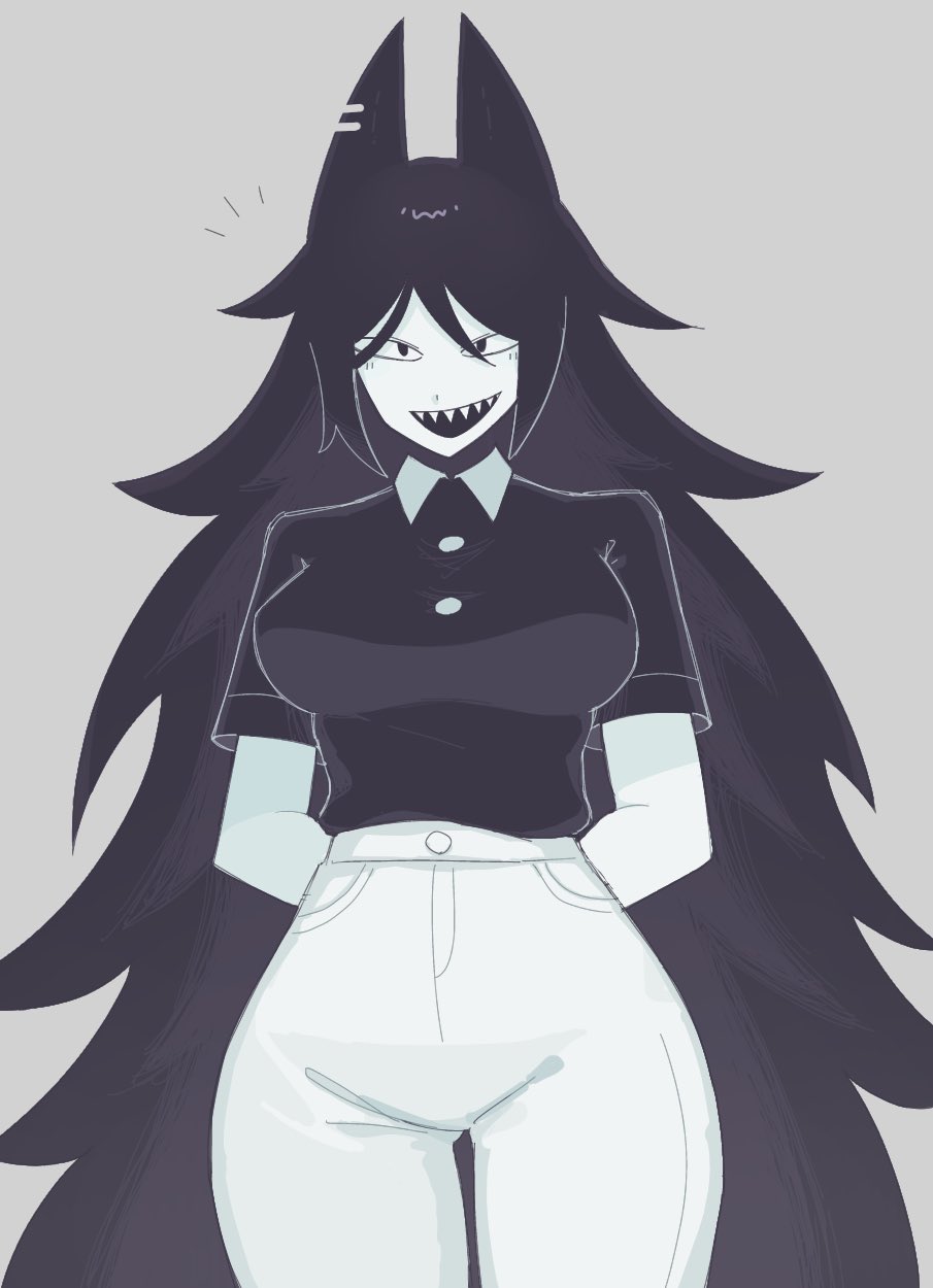 1girl, arms_behind_back, breasts, charinkodesu, commentary_request, cowboy_shot, fundamental_paper_education, greyscale, high-waist_pants, highres, horns, large_breasts, long_hair, miss_circle_(fundamental_paper_education), monochrome, pants, polo_shirt, sharp_teeth, solo, teeth, very_long_hair, white_pants, wide_hips