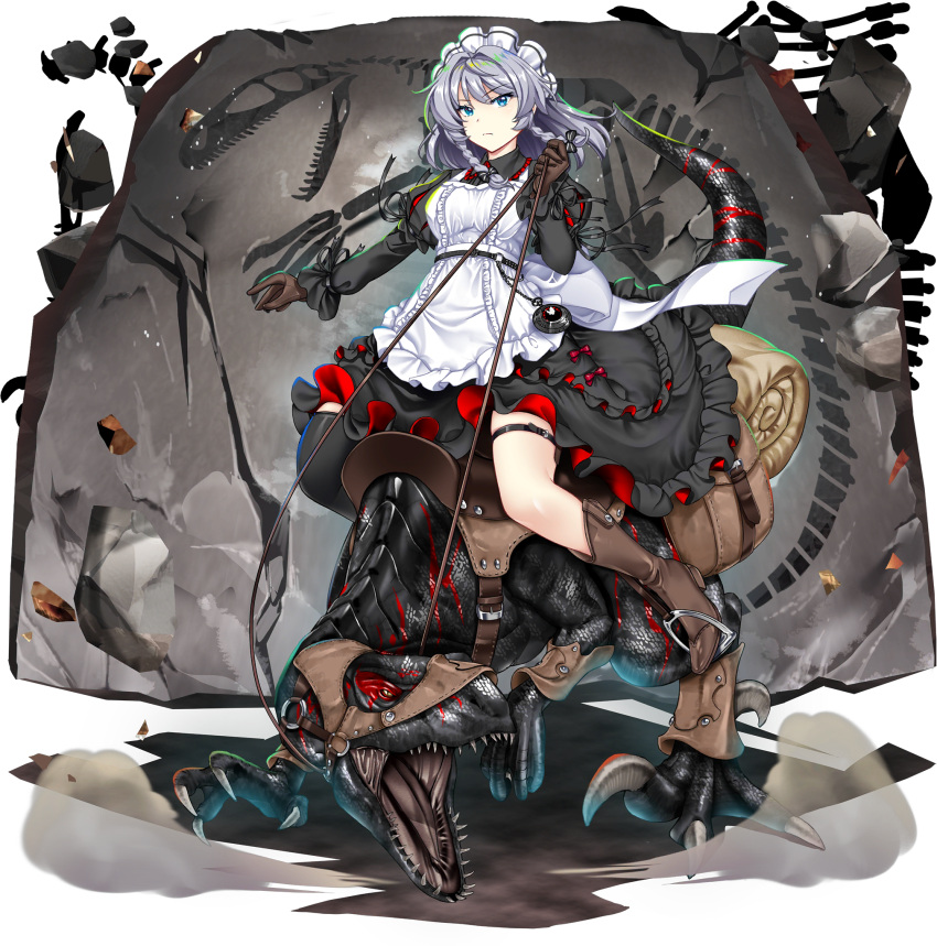 1girl, alternate_costume, apron, black_dress, blue_eyes, boots, braid, brown_gloves
