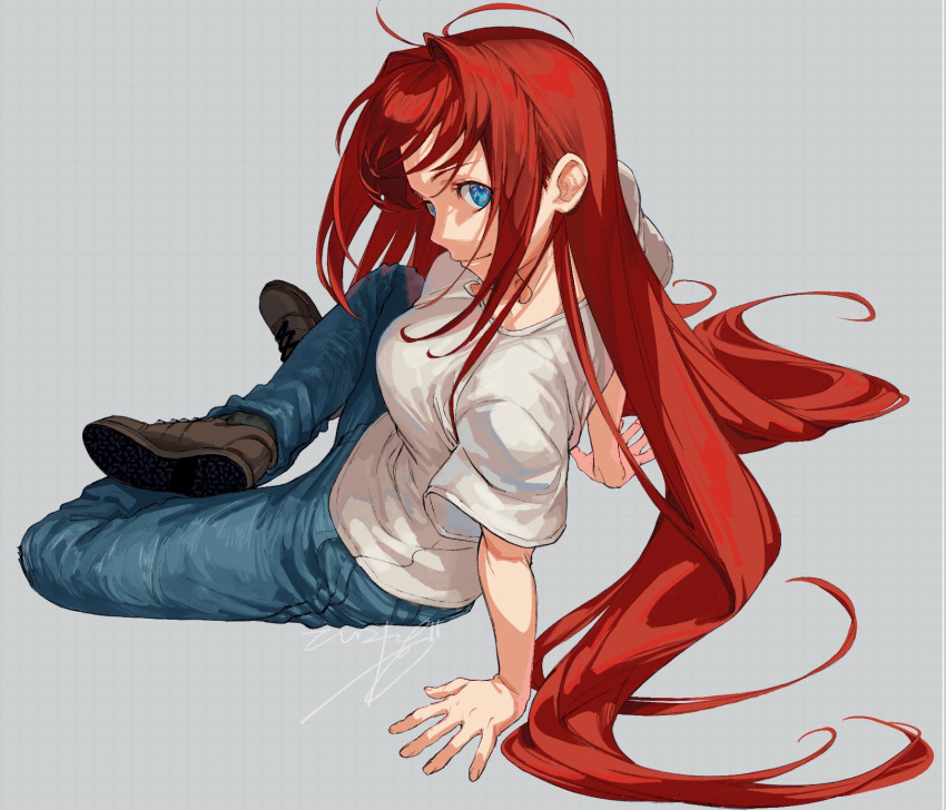 1girl, aozaki_aoko, arm_support, blue_eyes, breasts, brown_footwear, commentary_request, denim