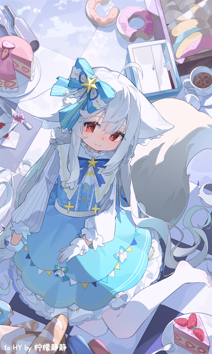 1girl, ahoge, animal_ears, arm_support, artist_name, baguette, blue_bow, blue_bowtie
