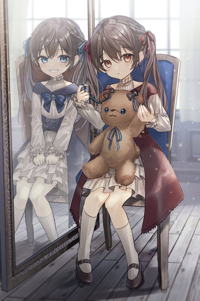 2girls, artist_name, blue_eyes, blue_ribbon, blue_skirt, blush, brown_eyes, brown_footwear