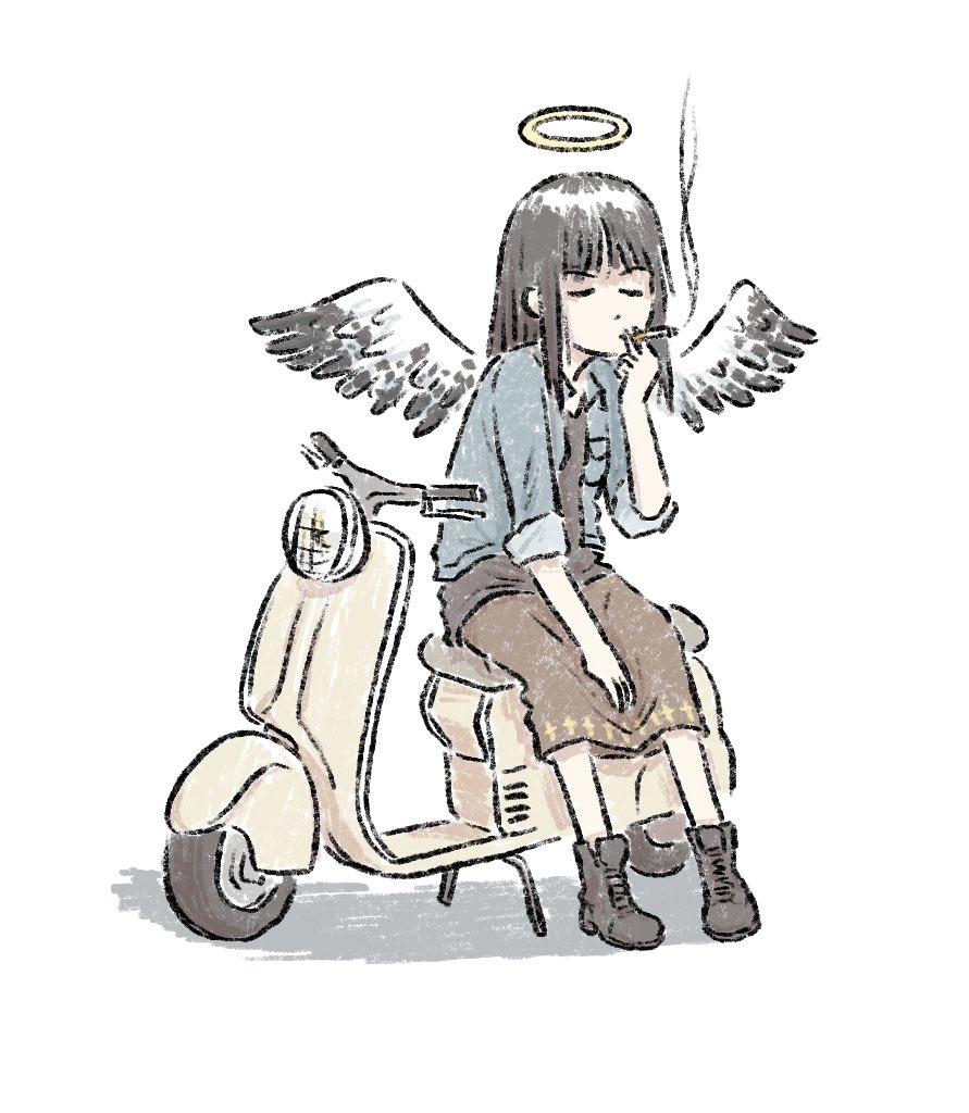 1girl, angel, black_footwear, black_hair, brown_skirt, cigarette, closed_eyes, haibane_renmei