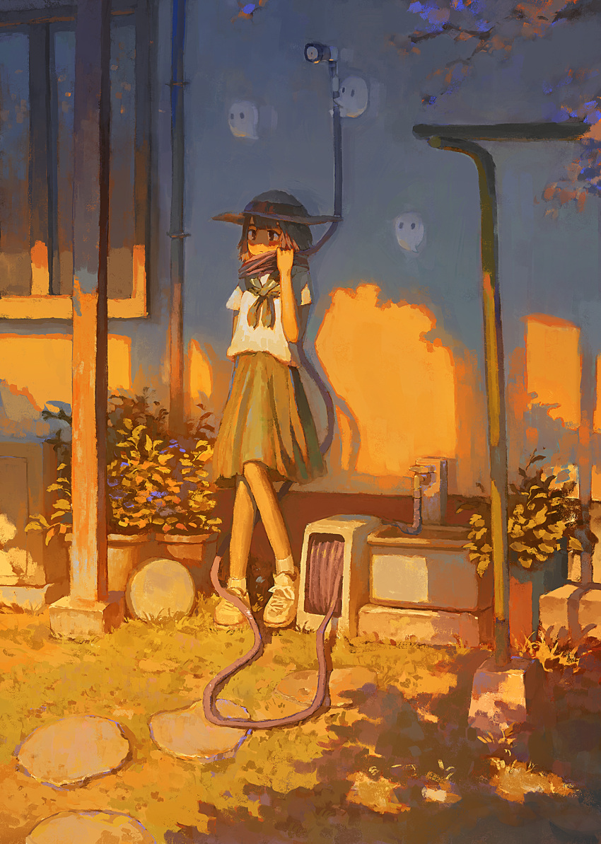 1girl, against_wall, arm_at_side, brown_hair, closed_mouth, commentary, creature, faucet, fjsmu, flower, flower_pot, grass, hand_up, hat, hat_ribbon, highres, hose, hose_around_neck, hose_nozzle, hose_reel, neckerchief, original, outdoors, pillar, plant, potted_plant, purple_flower, ribbon, school_uniform, serafuku, shirt, shoes, short_hair, short_sleeves, skirt, sneakers, socks, solo, stepping_stones, sun_hat, sunset, white_footwear, white_shirt, white_socks, window