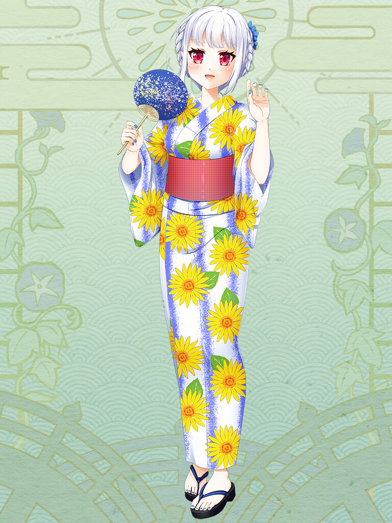 1girl, blue_nails, blush, braid, dairoku_ryouhei, floral_print_kimono, flower, full_body, green_background, hair_flower, hair_ornament, hair_up, hand_fan, noel_carmine, red_eyes, sakura_yayoi, sidelocks, smile, solo, standing, white_hair, wide_sleeves