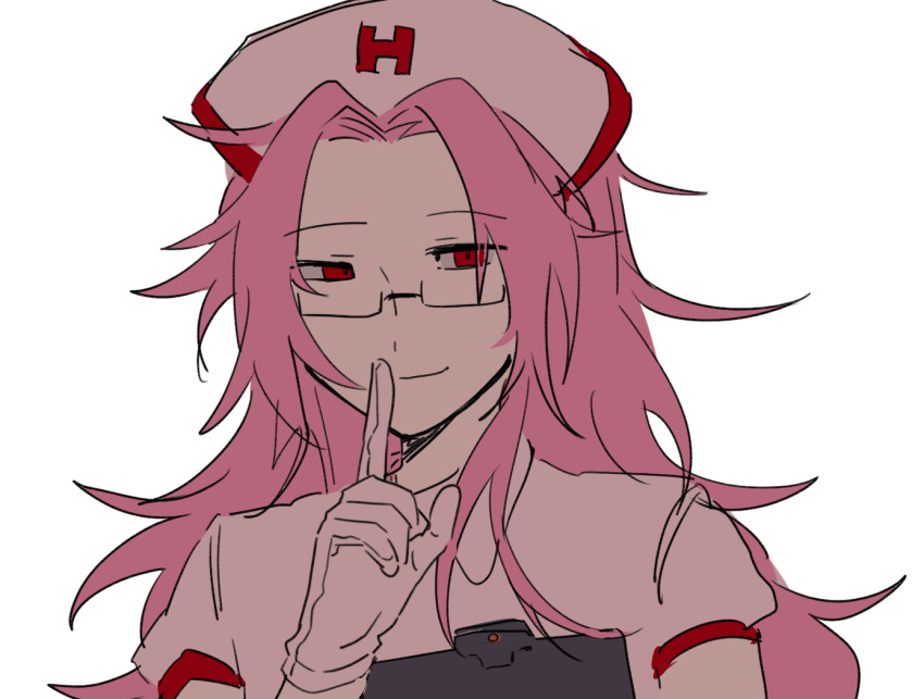 1boy, alternate_costume, clipboard, closed_mouth, collared_shirt, finger_to_mouth, glasses, gloves