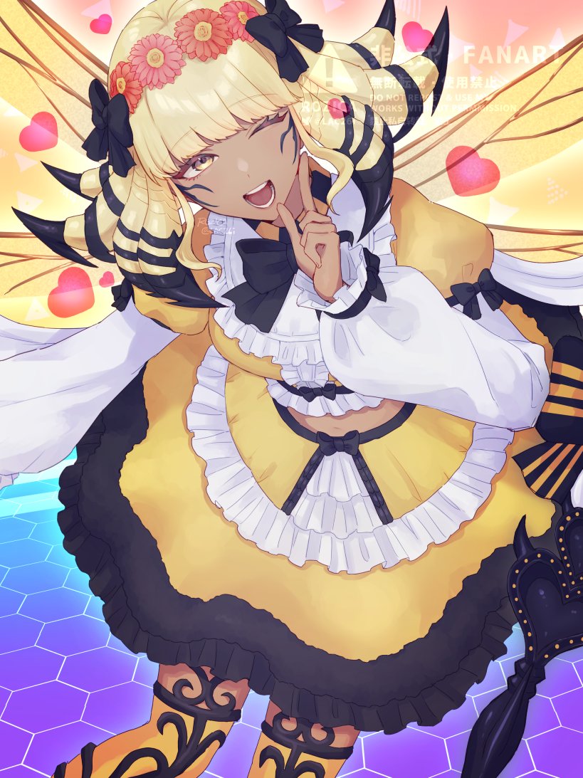 1girl, :d, arthropod_girl, bee_girl, bee_wings, black_bow, black_bowtie, bow, bowtie, dark-skinned_female, dark_skin, dress, final_fantasy, final_fantasy_xiv, flower_wreath, hand_up, head_wreath, heart, honey_b._lovely, index_finger_raised, long_sleeves, looking_at_viewer, one_eye_closed, rozica, smile, solo, thigh-highs, yellow_dress, yellow_eyes, yellow_thighhighs