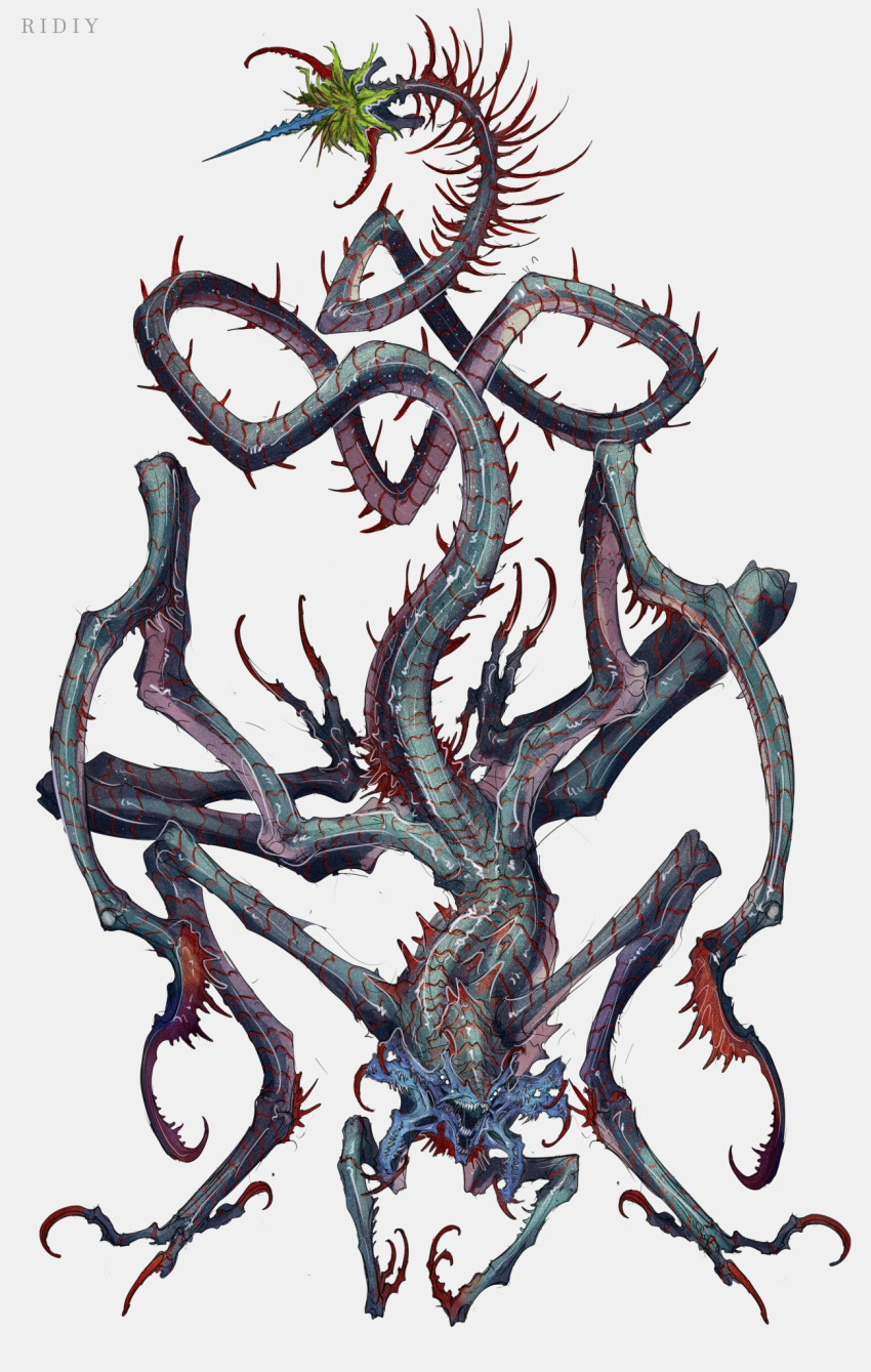 animal_focus, artist_name, claws, extra_eyes, extra_teeth, full_body, highres, monster, multiple_legs, no_humans, open_mouth, original, ridiy_vortep, sharp_teeth, simple_background, solo, tail, teeth, white_background