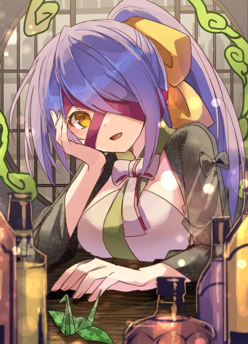 1girl, :d, alcohol, architecture, bandage_over_one_eye, bottle, bow, bowtie