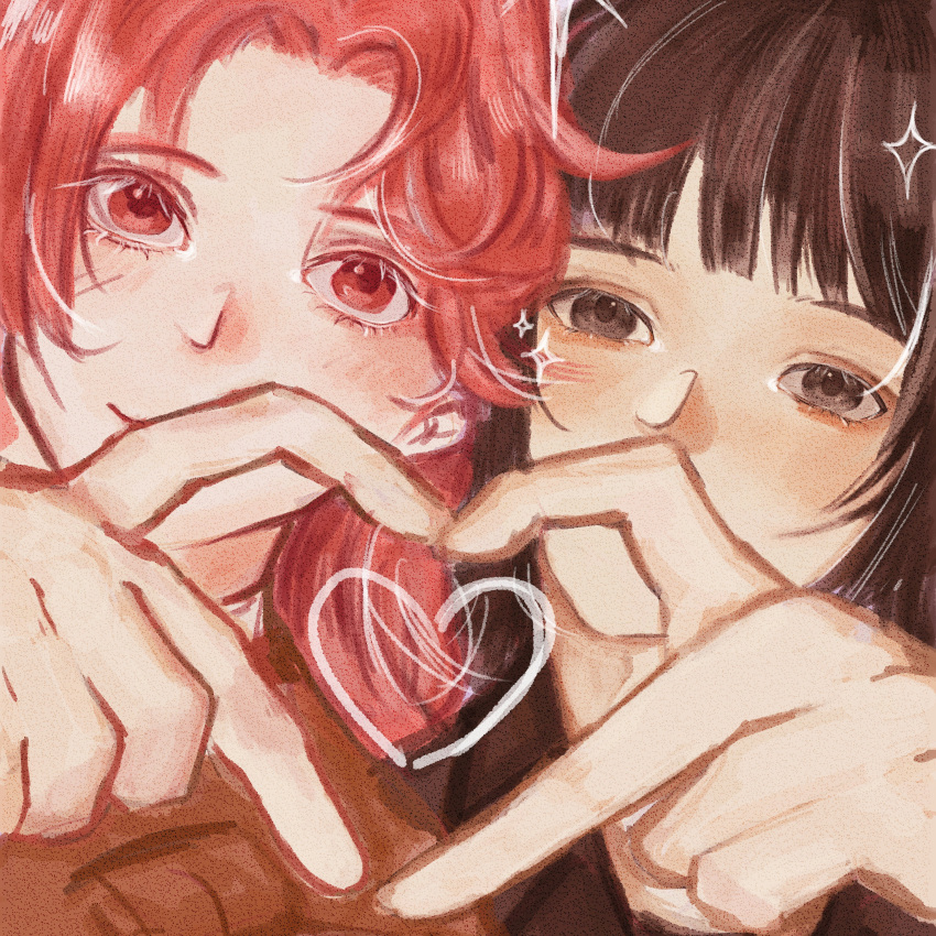 2girls, 4-fingers_heart_hands, absurdres, black_eyes, black_hair, blunt_bangs, hashtag-only_commentary, heads_together