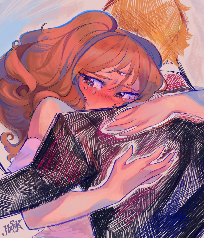 1boy, 1girl, absurdres, artist_name, black_jacket, blonde_hair, blush, brown_eyes