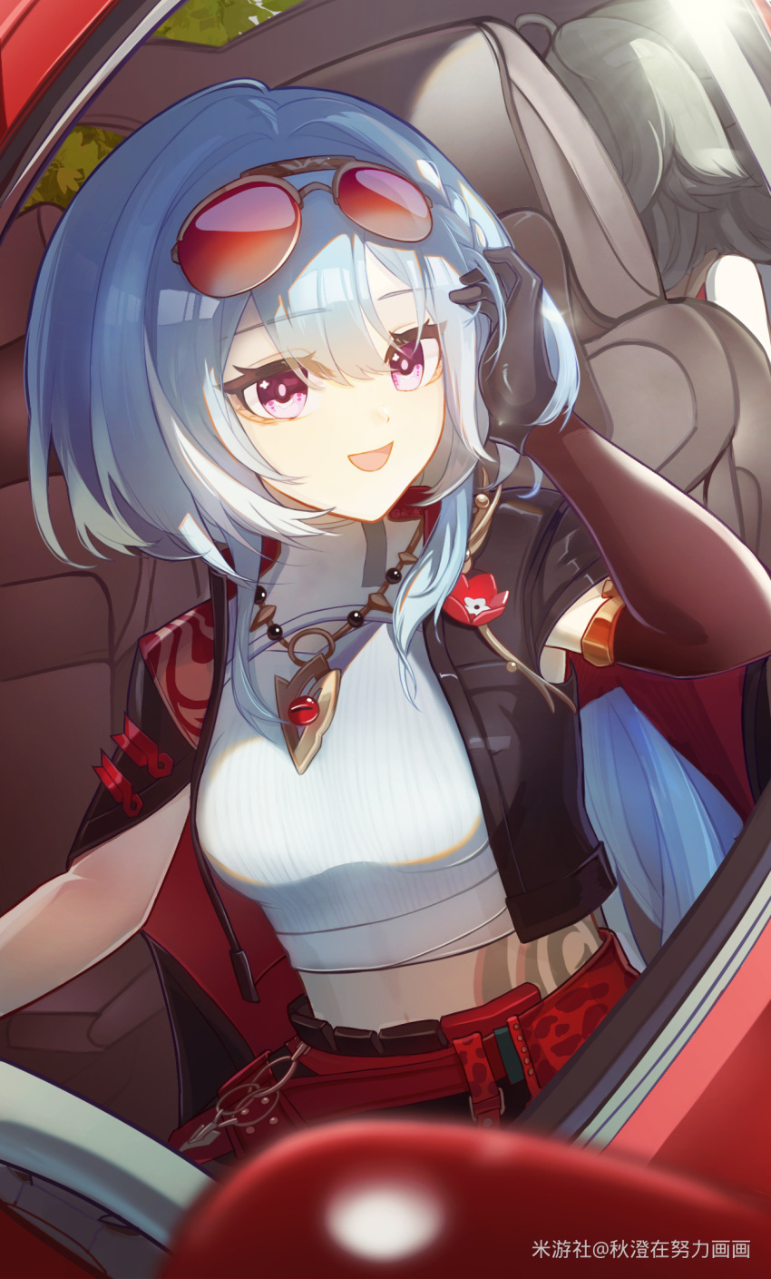 1girl, black_gloves, black_jacket, blue_hair, breasts, car_interior, crop_top, detached_sleeves, eyewear_on_head, gloves, griseo, griseo_(cosmic_expression), hair_between_eyes, highres, honkai_(series), honkai_impact_3rd, jacket, jewelry, large_breasts, light_blue_hair, necklace, open_clothes, open_jacket, open_mouth, qiu_cheng, short_hair_with_long_locks, smile, violet_eyes