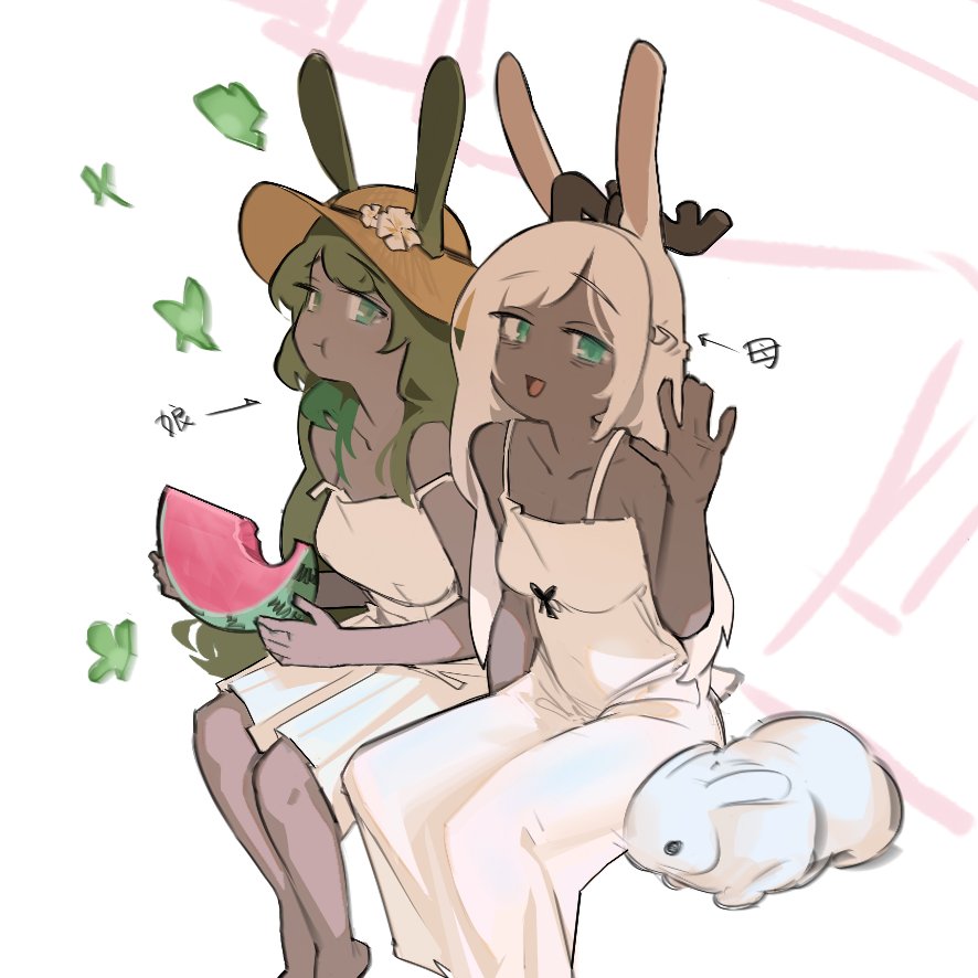 2girls, :t, alternate_costume, ancient_rabbit, animal_ears, antlers, bags_under_eyes, blue_eyes, breasts, brown_horns, bug, butterfly, closed_mouth, dark-skinned_female, dark_skin, dress, druid_rabbit, eating, feet_out_of_frame, food, fruit, gomiba_koko, green_butterfly, green_eyes, green_hair, hat, horns, long_hair, looking_at_viewer, medium_bangs, medium_breasts, multiple_girls, open_mouth, rabbit, rabbit_and_steel, rabbit_ears, rabbit_girl, rabbit_tail, sitting, small_breasts, smile, straw_hat, sun_hat, sundress, tail, translation_request, watermelon, watermelon_slice, white_background, white_dress, white_hair