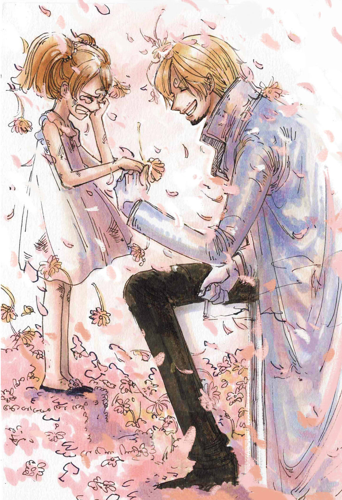 1boy, 1girl, aged_down, black_pants, blonde_hair, brown_hair, charlotte_pudding, child