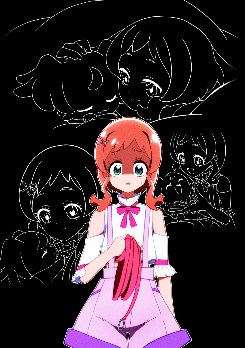 2girls, @est@, absurdres, commentary_request, dog, elbow_cutout, green_eyes, hair_ornament