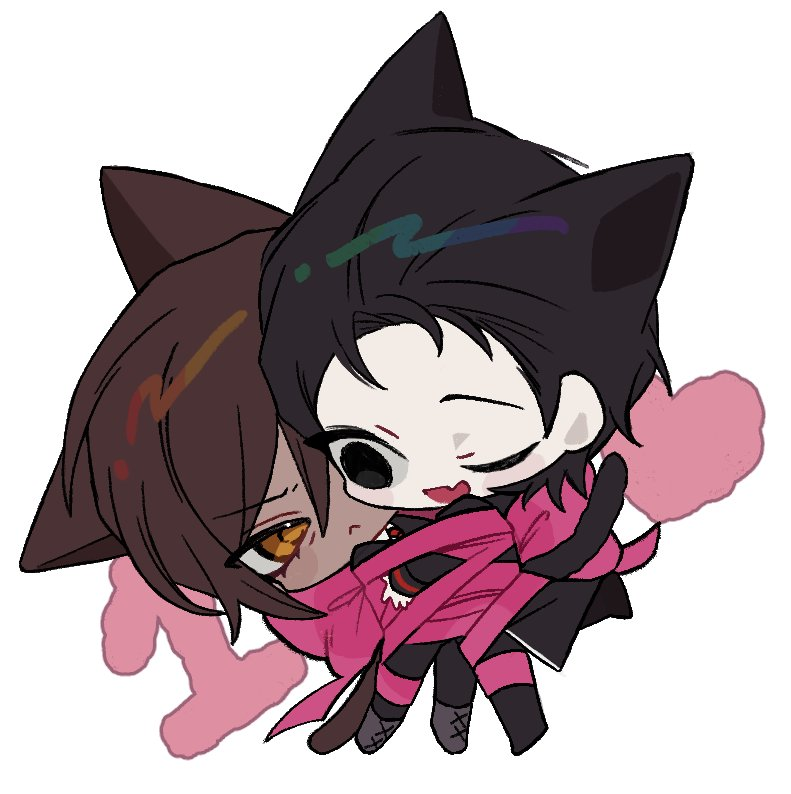 1boy, 1girl, :<, animal_ears, black_coat, black_eyes, black_hair, black_pants, bow, brown_eyes, brown_hair, cat_ears, cat_tail, chibi, coat, dark-skinned_female, dark_skin, gen_(lcb1512), gift_art, hair_slicked_back, heart, limbus_company, long_sleeves, one_eye_closed, open_mouth, original, outis_(project_moon), pants, pink_bow, pink_ribbon, project_moon, ribbon, second-party_source, simple_background, smile, tail, white_background, yippee