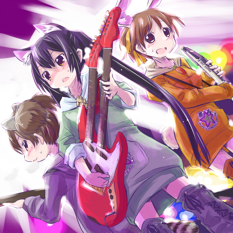 animal_ears, black_hair, brown_eyes, brown_hair, bunny_ears, cat_ears, dutch_angle, electric_wind_instrument