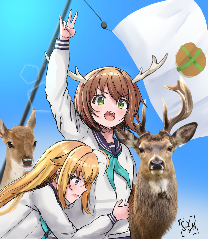 2024_attempted_assassination_of_donald_trump, 2girls, ahoge, animal, antlers, aqua_neckerchief, arm_up, artist_name