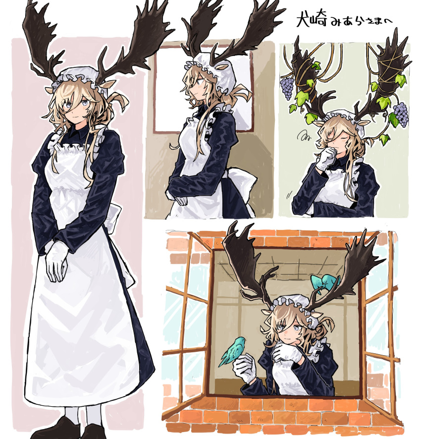 1girl, absurdres, alternate_costume, animal, animal_ears, antlers, apron, aqua_bird, arknights, bird, bird_on_antlers, bird_on_hand, black_dress, blonde_hair, blush, closed_eyes, closed_mouth, collared_dress, commentary_request, commission, donki_(yeah), dress, enmaided, food, frilled_apron, frills, fruit, gloves, grapes, grey_eyes, hair_between_eyes, hand_on_own_chin, hat, highres, horns, juliet_sleeves, leaf, light_smile, long_bangs, long_dress, long_hair, long_sleeves, looking_at_animal, looking_at_viewer, looking_down, maid, maid_apron, mob_cap, multiple_views, open_window, own_hands_together, plant, profile, puffy_sleeves, scribble, skeb_commission, squiggle, standing, thinking, vines, viviana_(arknights), white_apron, white_gloves, white_hat, window