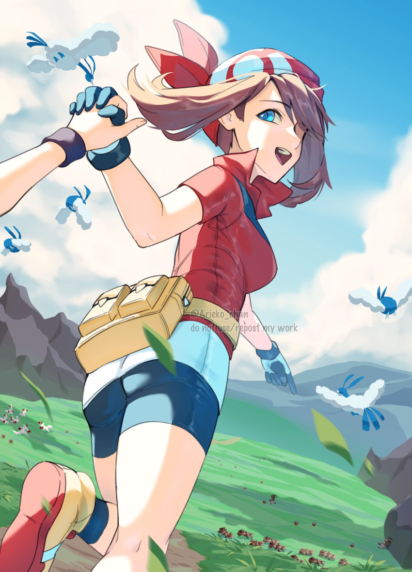 2girls, altaria, ariekochan, bandana, black_shorts, breasts, brown_hair, buruma, highres, jacket, leaf_(pokemon), long_hair, may_(pokemon), medium_breasts, multiple_girls, nuzleaf, pokemon, pokemon_(creature), pokemon_rse, pov, red_bandana, red_jacket, seedot, short_sleeves, shorts, solo_focus, swablu, zangoose, zigzagoon