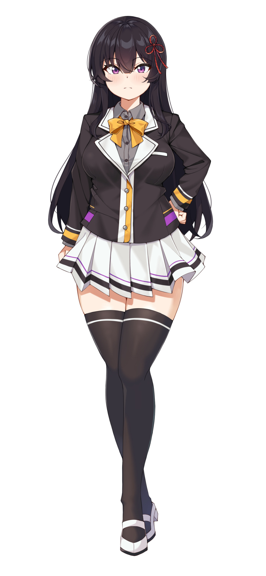 1girl, absurdres, arm_at_side, black_hair, black_jacket, black_thighhighs, blunt_bangs, blush, bow, breasts, closed_mouth, collared_shirt, curvy, eyes_visible_through_hair, frown, full_body, grey_shirt, hair_between_eyes, hair_ribbon, hand_on_own_hip, highres, jacket, kuromiya_reika, large_breasts, long_hair, long_sleeves, looking_at_viewer, mary_janes, miniskirt, official_art, pleated_skirt, ray_(rays_26), re:fragment_~absolute_ambition~, red_ribbon, ribbon, school_uniform, shirt, shoes, simple_background, skirt, solo, sparkling_eyes, split_mouth, sprite, standing, straight_hair, thigh-highs, thighs, transparent_background, tsurime, very_long_hair, violet_eyes, white_footwear, white_skirt, yellow_bow, zettai_ryouiki