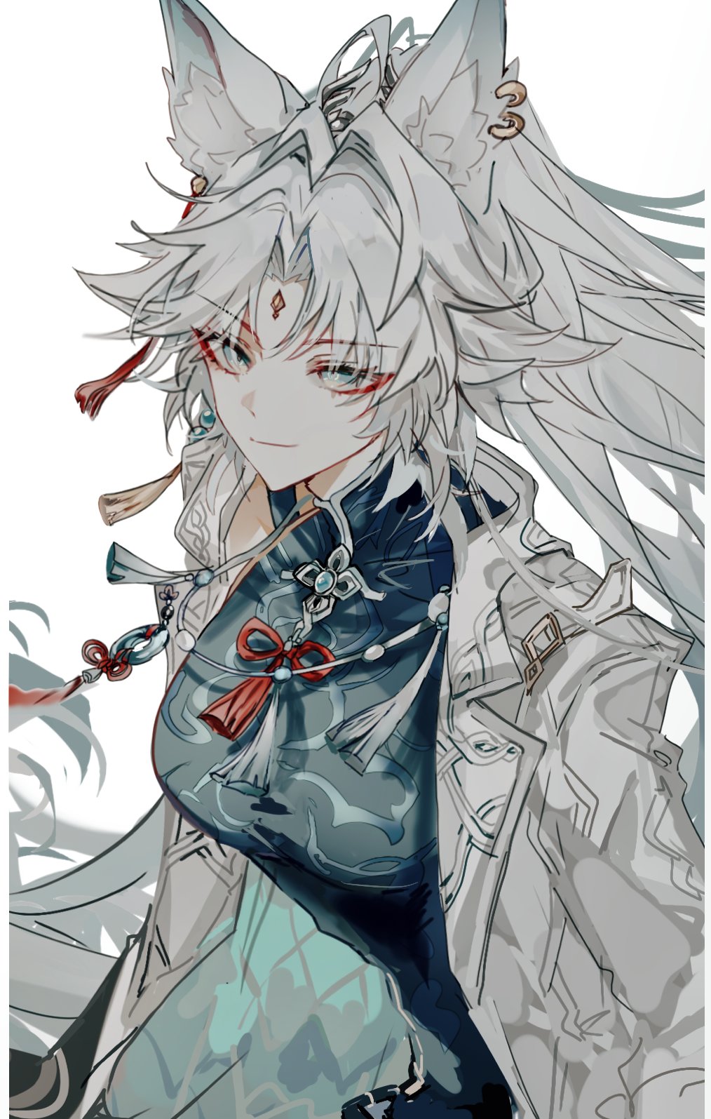 1girl, animal_ears, breasts, chinese_commentary, commentary, earrings, eyeliner, feixiao_(honkai:_star_rail)