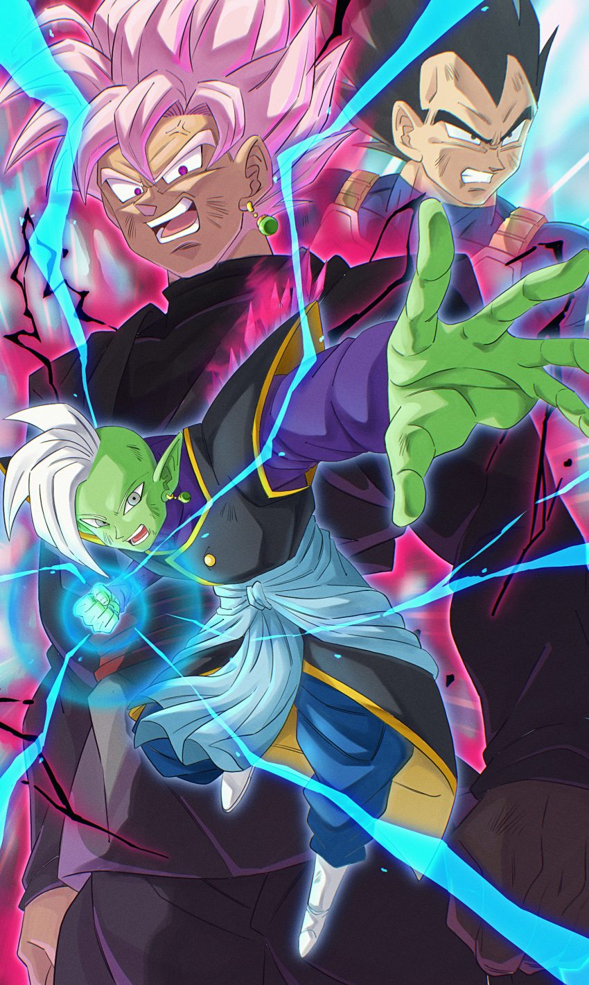 3boys, aura, black_eyes, black_hair, black_lightning, body_switch, boots, buraku_black, clenched_teeth, colored_skin, commentary_request, dragon_ball, dragon_ball_xenoverse, earrings, energy, floating, floating_clothes, floating_hair, goku_black, green_skin, grey_eyes, highres, imminent_punch, jewelry, lightning, long_sleeves, looking_at_viewer, looking_down, male_focus, mohawk, multiple_boys, muscular, muscular_male, open_mouth, personality_switch, pink_hair, pointy_ears, potara_earrings, scene_reference, side_part, single_earring, son_goku, spiky_hair, super_saiyan, super_saiyan_rose, teeth, vegeta, veins, violet_eyes, white_footwear, white_hair, widow's_peak, zamasu