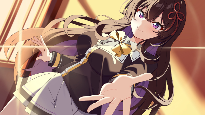 1girl, black_hair, black_jacket, blunt_bangs, blurry, blurry_background, blush, bow