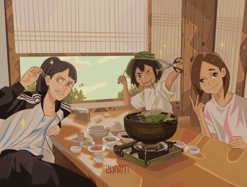 3girls, :|, alternate_hairstyle, architecture, artist_name, asakusa_midori, asymmetrical_bangs, black_eyes