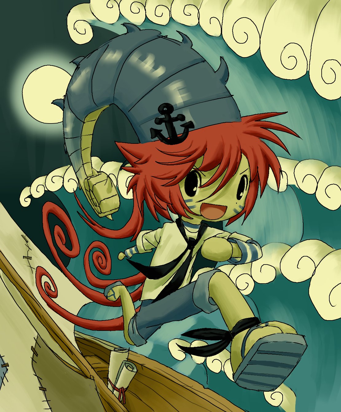 1girl, black_eyes, boat, flip-flops, full_body, full_moon, highres, long_hair, looking_at_viewer, moon, night, ocean, open_mouth, original, outdoors, redhead, running, sailor, sandals, scroll, seashell, shell, solo, tortoisequeef, very_long_hair, watercraft, waves