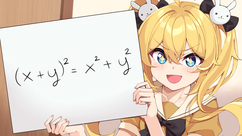 +_+, 1girl, :d, ahoge, black_bow, blonde_hair, blue_eyes, blush, bow, collarbone, crossed_bangs, double-parted_bangs, equation, fingernails, floating_hair, game_cg, hair_between_eyes, hair_bow, hair_ornament, highres, holding, holding_sign, indoors, kusaka_yuno, long_hair, math, official_art, open_mouth, orange_shirt, puffy_short_sleeves, puffy_sleeves, rabbit_hair_ornament, ray_(rays_26), re:fragment_~absolute_ambition~, sailor_collar, school_uniform, serafuku, shirt, short_sleeves, sign, smile, smug, solo, twintails, upper_body, v-shaped_eyebrows, white_sailor_collar