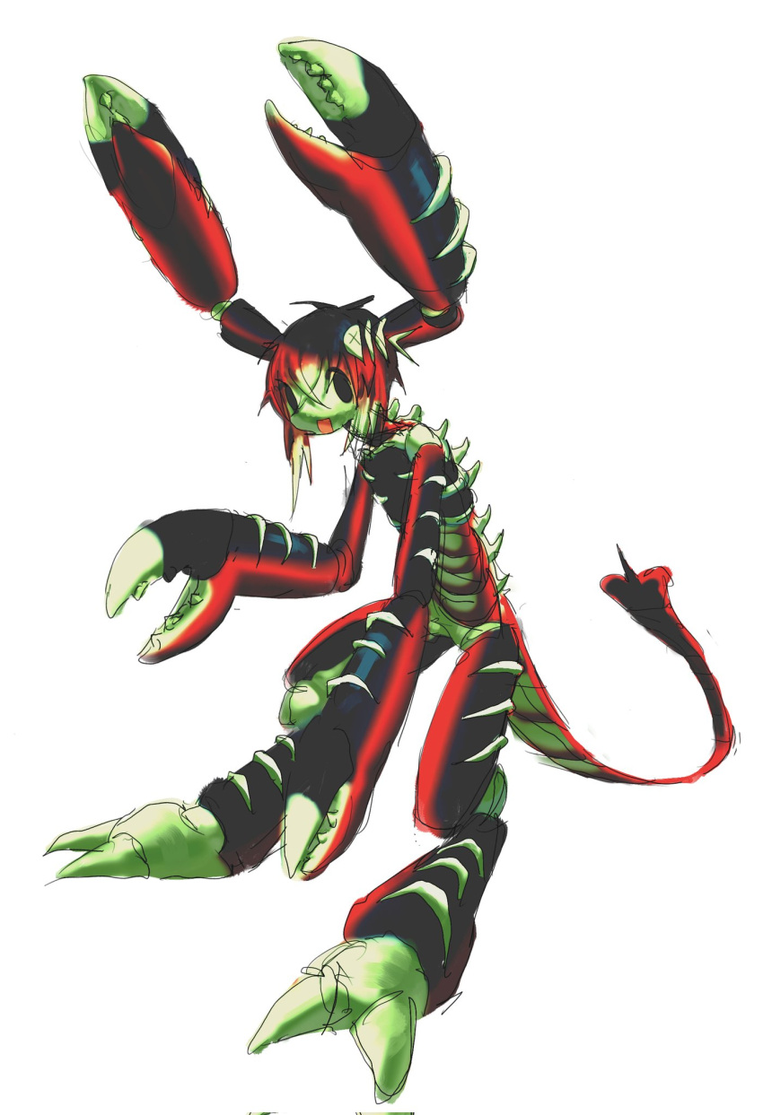 1girl, arthropod_girl, black_hair, carapace, full_body, gradient_hair, highres, lobster_girl, long_hair, looking_at_viewer, monster_girl, multicolored_hair, original, redhead, simple_background, solo, standing, tortoisequeef, white_background