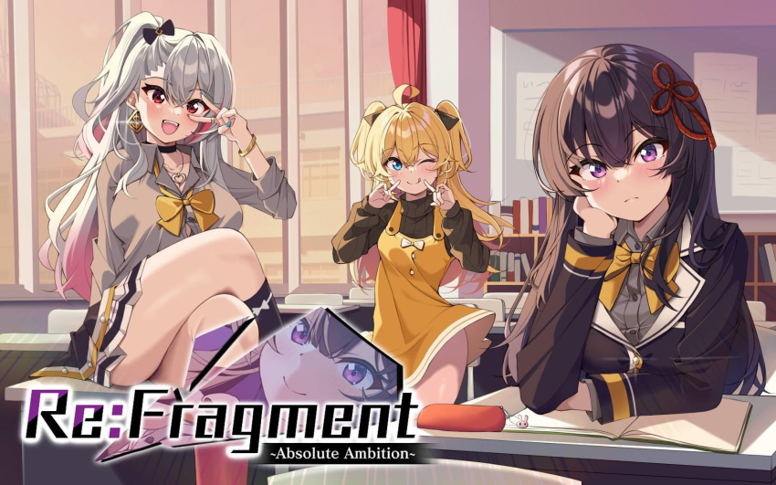 3girls, :q, ahoge, arm_behind_back, backlighting, black_bow, black_choker, black_hair, black_jacket, black_shirt, black_socks, blonde_hair, blue_eyes, blue_nails, blush, book, bow, bracelet, breasts, chair, choker, classroom, closed_mouth, clothes_lift, collared_jacket, collared_shirt, commentary, copyright_name, cover, crossed_bangs, crossed_legs, curvy, desk, dollar_sign, double-parted_bangs, dress, dress_lift, dress_shirt, earrings, fangs, feet_out_of_frame, frown, glint, gradient_hair, grey_hair, grey_shirt, gyaru, hair_between_eyes, hair_bow, hair_intakes, hand_up, happy, head_rest, heart, heart_necklace, highres, index_fingers_raised, indoors, jacket, jewelry, kneehighs, kogal, kuromiya_reika, kusaka_yuno, large_breasts, long_hair, long_sleeves, miniskirt, multicolored_hair, multiple_girls, nail_polish, necklace, official_art, one_side_up, open_book, pinafore_dress, pink_hair, pleated_skirt, promotional_art, puffy_long_sleeves, puffy_sleeves, ray_(rays_26), re:fragment_~absolute_ambition~, red_eyes, ring, school_chair, school_desk, school_uniform, shirasaki_maya, shirt, sidelighting, sitting, sitting_on_table, skirt, sleeveless, sleeveless_dress, sleeves_past_wrists, small_breasts, socks, split_mouth, straight_hair, striped_clothes, striped_shirt, teeth, thighs, tongue, tongue_out, tsurime, two_side_up, upper_body, upper_teeth_only, v, v_over_eye, vertical-striped_clothes, vertical-striped_shirt, very_long_hair, video_game_cover, violet_eyes, wavy_hair, window, yellow_bow, yellow_dress