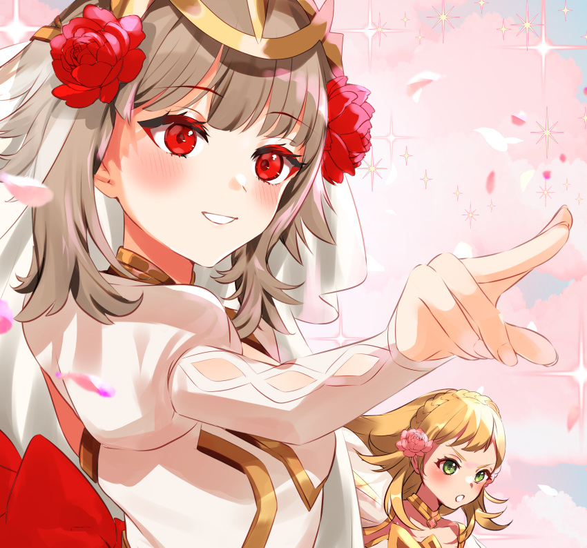 2girls, absurdres, bare_back, blonde_hair, blush, braid, bridal_veil, charging_forward