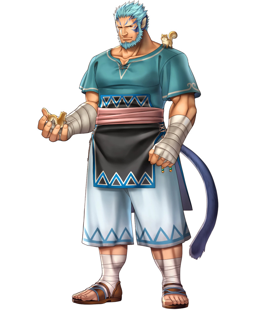 1boy, animal, animal_ears, bandages, beard, blue_hair, closed_mouth, facial_hair