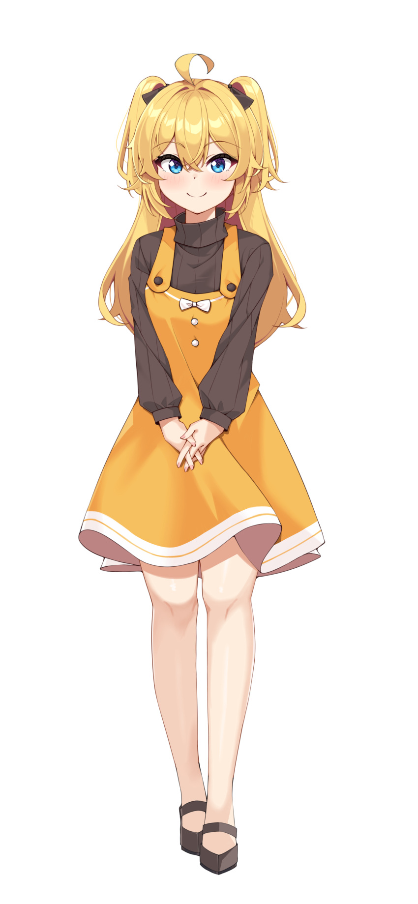 1girl, absurdres, ahoge, black_footwear, black_ribbon, black_shirt, blonde_hair, blue_eyes