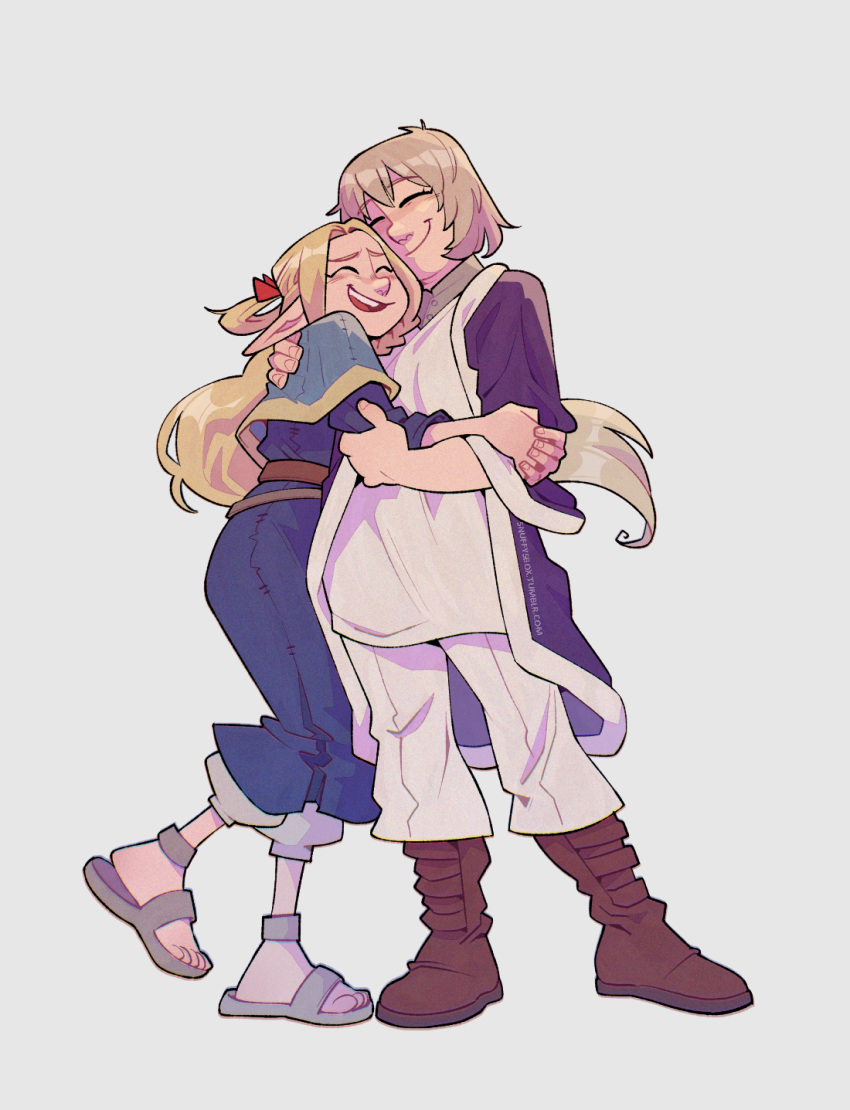 2girls, blonde_hair, blue_robe, boots, brown_footwear, closed_eyes, closed_mouth, commentary, dungeon_meshi, elf, english_commentary, falin_touden, falin_touden_(tallman), full_body, highres, lea_(snuffymcsnuff), long_hair, marcille_donato, multiple_girls, open_mouth, pointy_ears, robe, sandals, short_hair, simple_background, smile, standing, white_background