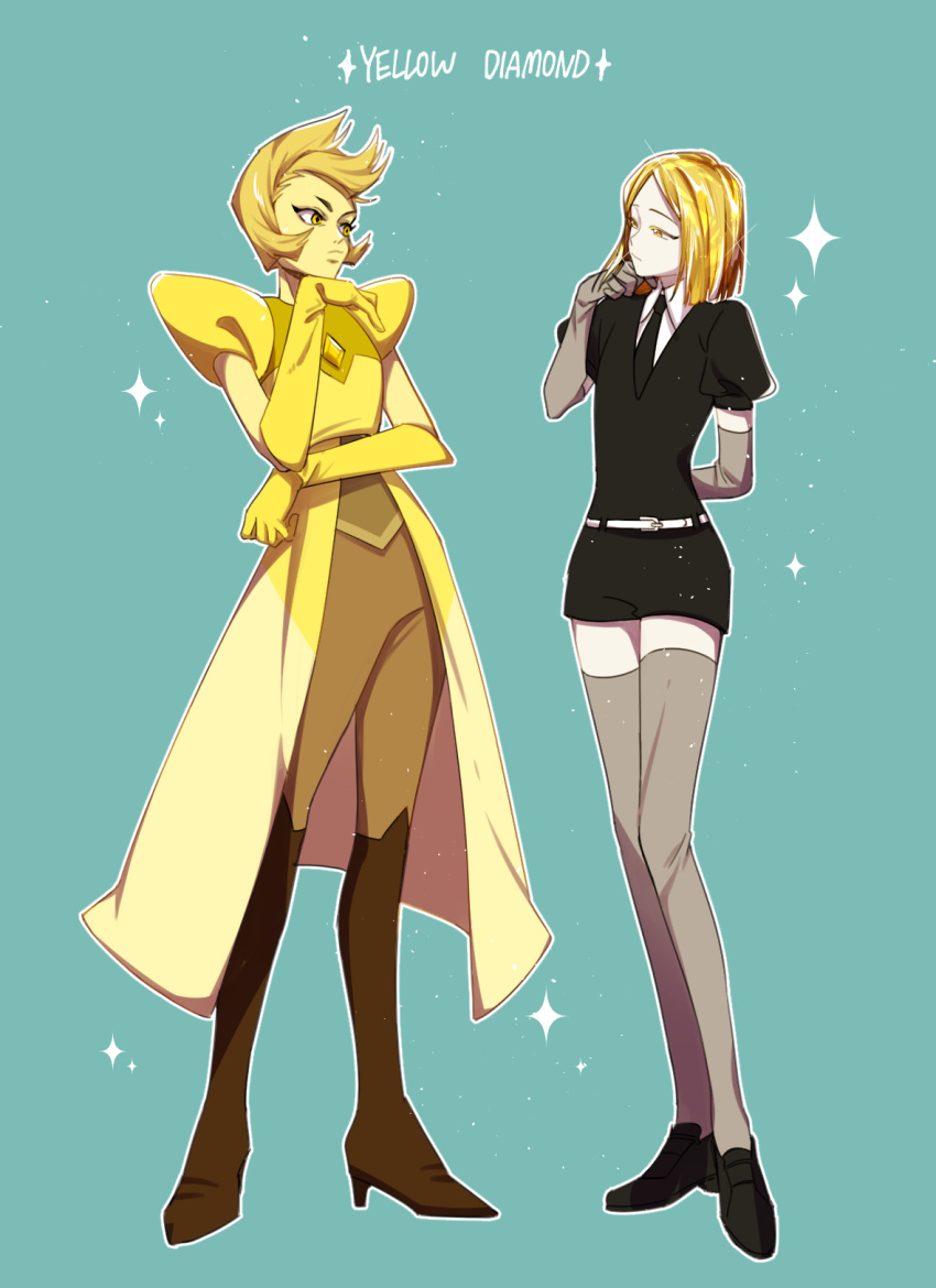 1girl, 1other, androgynous, aqua_background, belt, black_footwear, black_jacket, black_necktie