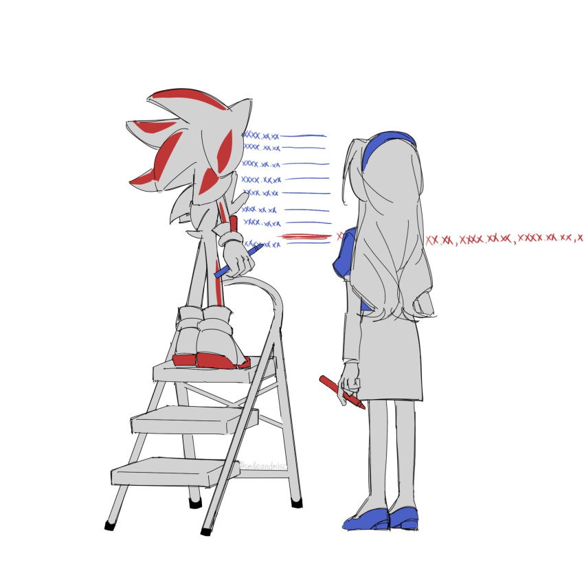 1boy, 1girl, animal_ears, blue_footwear, dress, from_behind, furry, furry_male