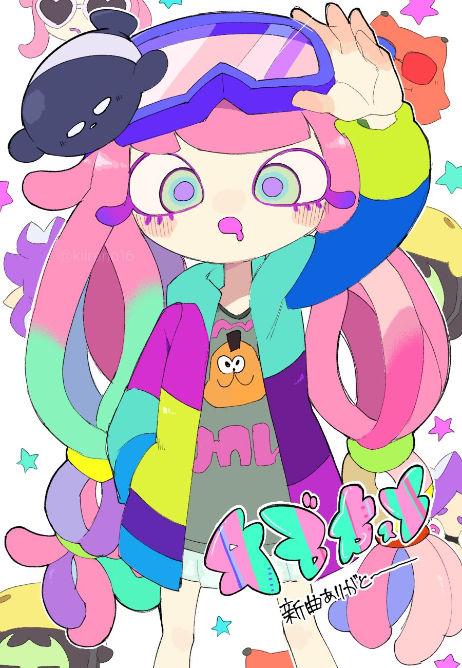 colored_eyelashes, drooling, goggles, goggles_on_head, harmony's_clownfish_(splatoon), harmony_(splatoon), highres, hood, hoodie, jacket, kiirono, looking_at_viewer, mouth_drool, no_eyebrows, noisy_(splatoon), purple_pupils, raian_(splatoon), shikaku_(splatoon), skirt, splatoon_(series), splatoon_3, tentacle_hair