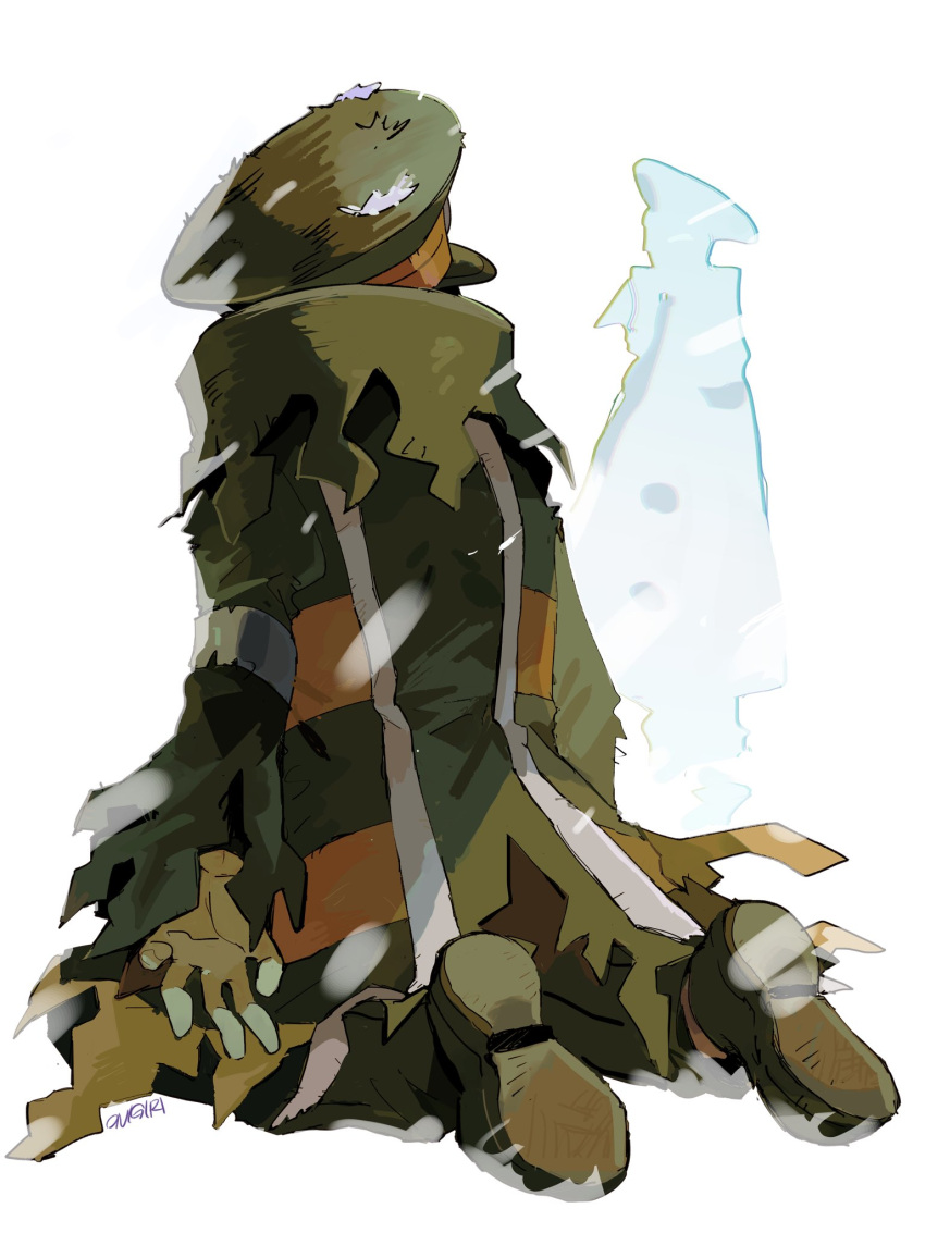 1boy, 2boys, back, black_coat, coat, emmet_(pokemon), from_behind, hallucination