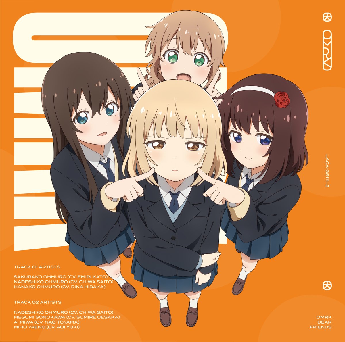 4girls, album_cover, black_jacket, blonde_hair, blue_eyes, blue_necktie, blue_skirt, blue_sweater_vest