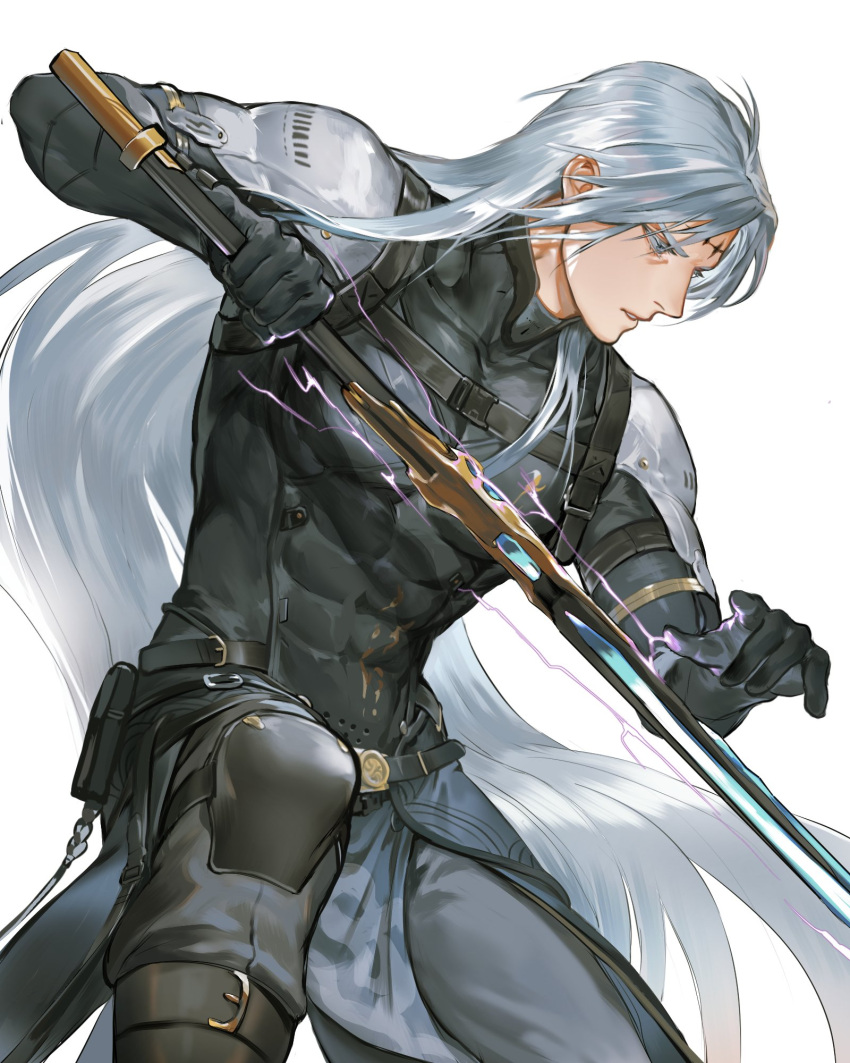 1boy, abs, absurdly_long_hair, armor, armored_gloves, belt, belt_buckle, black_gloves
