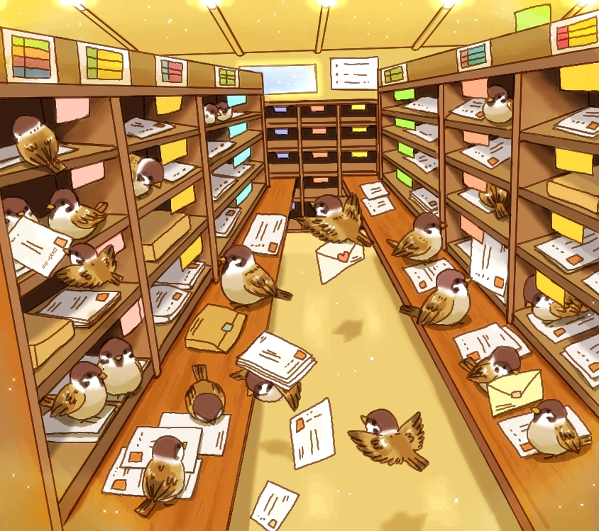eijima_moko, letter, mail, no_humans, original, post_office, sparrow