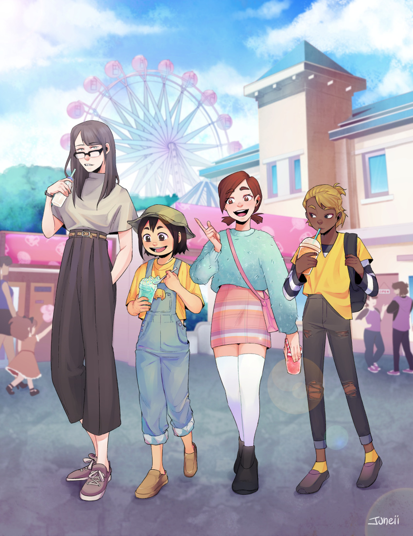 4girls, :d, absurdres, amusement_park, ankle_socks, aqua_sweater, arm_at_side, artist_name